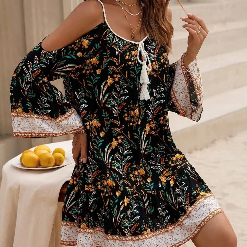 Boho Floral Print Cold Shoulder Mini Dress - Picture 8 of 12